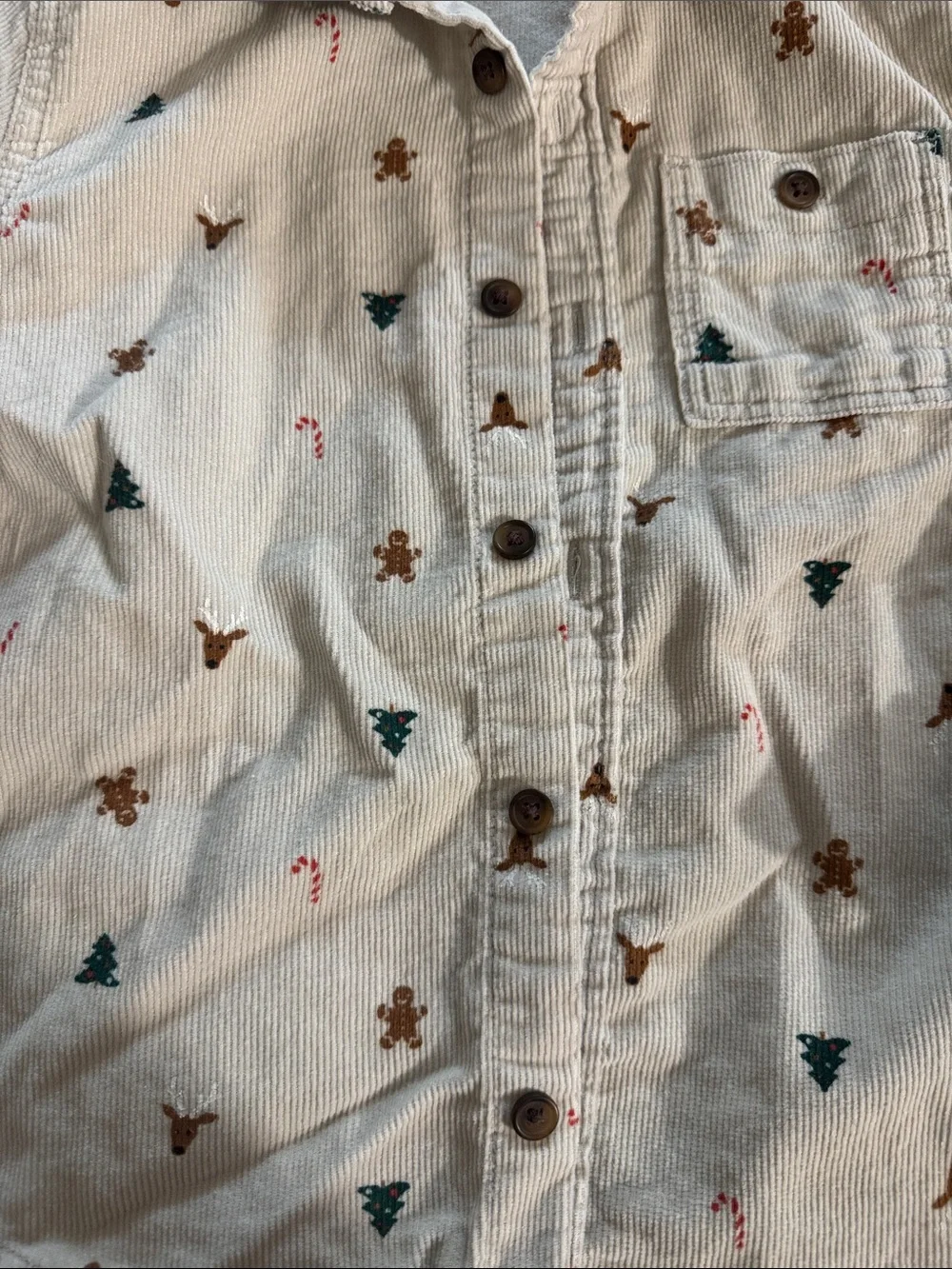 Old Navy Cream Corduroy Button-Down Shirt with Holiday Print